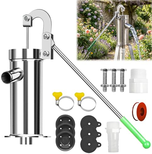 Edelstahl Schwengelpumpe, Garten Handpumpe Wasser für Grundwasser bis 8m Tiefe, energiesparend mit rutschfestem Griff, Handschwengelpumpe für Haushalt, Regenfass, Hof & Teich