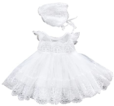 Générique Robe Fille Nouveau-né bébé Filles Robe de baptême Infantile Dentelle Crochet Robe O Cou à Volants Manches Bulle Jupe