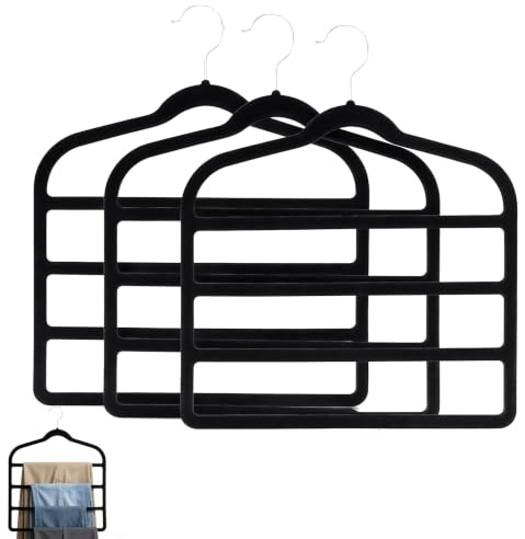 Lot de 3 cintres pour pantalons, peu encombrants, à 4 niveaux, antidérapants et peu encombrants, en velours, pour pantalons, jeans, écharpes, serviettes, jupes, cravates, ceintures, vêtements (noir)