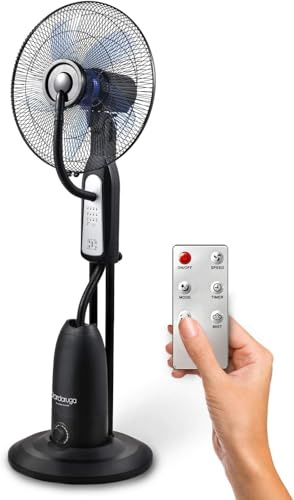DISCORAMA - VENTILATORE A PIANTANA CON NEBULIZZATORE AD ACQUA DA INTERNO SERBATOIO 2.8 LITRI TELECOMANDO TIMER 7.5 ORE E 3 VELOCITA SILENZIOSO CON RUOTE