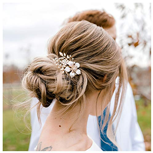 SWEETV Gold Braut Haarspange, Floral Bridal Hair Comb Haarspange Blume Haarteile für Bräute Hochzeit