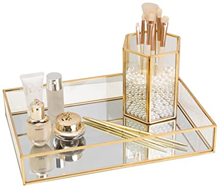 Gold Mirror Tray Perfume Display Jewelry Organizer Makeup Tray Serving Trays Beautiful Art Decor Ornate Tray Bathroom Trays Neatens up Storage For Vanity, Closet, Dresser (L30 * 20 * 5.5cm)