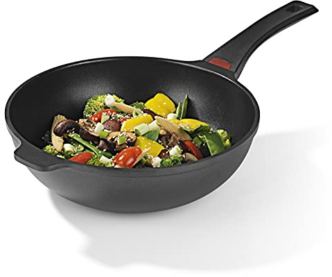 N8WERK Wok en fonte d'aluminium édition Midnight | 28 cm | Affichage de la température de couleur | Convient pour tous les types de feux | Triple revêtement pour une cuisson sans graisse sans brûler.