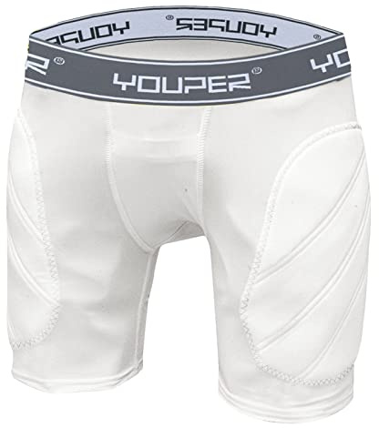 Youper Boys Youth Padded Sliding Shorts with Cup Pocket for Baseball, Football, Lacrosse (White Grey, Small)