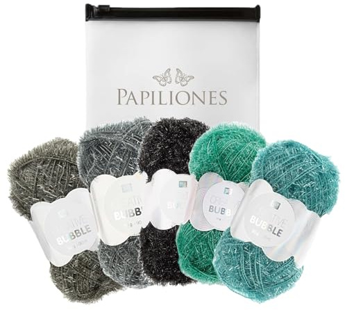 Camtiac Creative Bubble Garn Häkelgarn Strickgarn Bastelgarn Spülschwammgarn Türkis Farben: 9 Grün 12 Schwarz 36 Lind 37 Efeu 40 Türkis 5x50g inkl. Papiliones Tasche