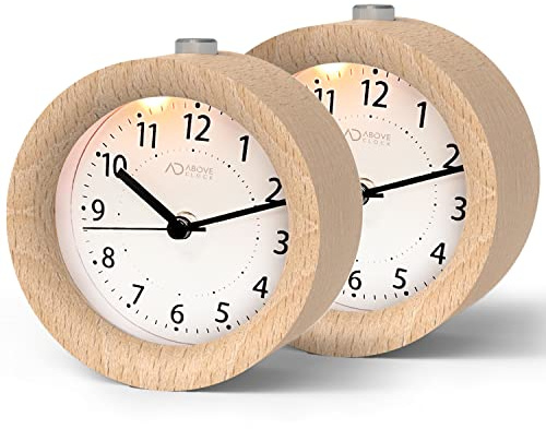 aboveClock Wecker Analog Ohne Ticken 2 Stück, Wecker Holz mit Snooze, Nachttisch Tischuhr mit Nachtlicht, Batteriebetrieben （1*AA-Batterie benötig - Nicht enthalten - Naturholz in Hellbraun
