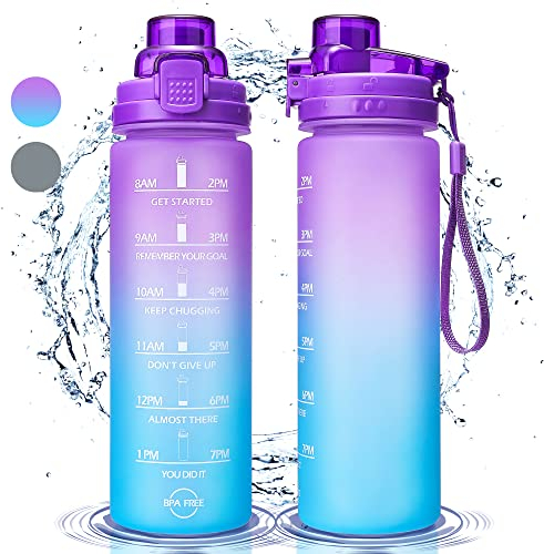 Yucoolili Motivational Water Bottle, 750ml Sports Water Bottle with Time Markings, Lockable, Leak-proof, BPA-free, Tritan Drink Bottle for Girls, Boy, Cycling, Gym, School Office (Purple Gradual Blue)