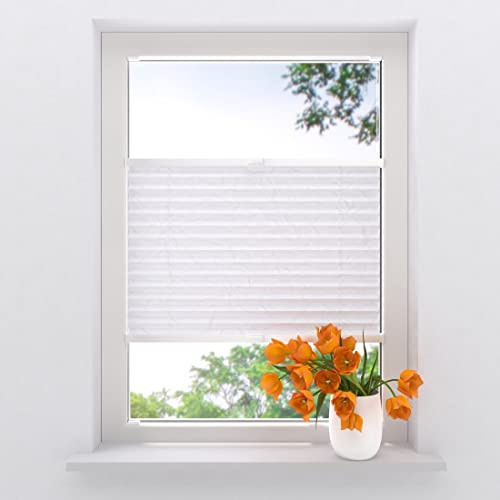 Plissee mit Bohren 85 x 130 cm Weiß lichtdurchlässig, plissee innen, Montage ohne Bohren möglich, Fenster rollos für innen, Fenster plissee, pliseerollos, plissees
