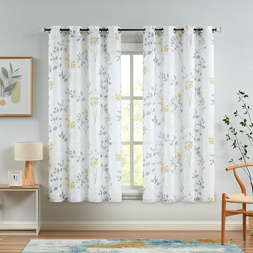 Beauoop Yellow Grey Semi Sheer Floral Curtains for Living Room Bedroom 54 Inch Drop Linen Textured Farmhouse Curtains Leaf Printed Eyelet Rustic Drapes Window Treatment Set 2 Panels