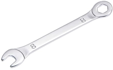 sourcing map Llave combinada delgada con extremo acodado de 6 puntas y extremo abierto en ángulo, métrica, acero al carbono cromado espejo, 8 mm
