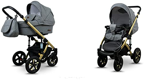 BabyLux® Sky Lark 2-in-1 Baby Kinderwagen Tief und Kinderwagen mit Zubehör Verstellbar und faltbar Aluminiumkonstruktion Wasserdicht Nicht abnehmbare Räder Grey Flex Gold Frame