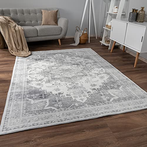 Paco Home Tapis Salon Chambre Adulte Poils Ras Motif Oriental Ornements Moelleux Vintage Moderne avec Bordure, Dimension:60x100 cm, Couleur:Gris 3