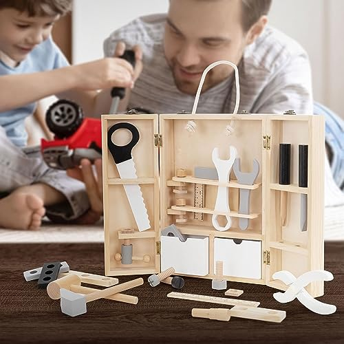 Joyz Werkzeugkasten für Kinder mit 8 Werkzeugen, Multifunktions-Werkzeugkoffer, Montessori Spielzeug ab 1 Jahr, Pädagogische Holzspielzeug, Kinderwerkzeug Set Werkzeugkiste Holzwerkzeug Geschenk