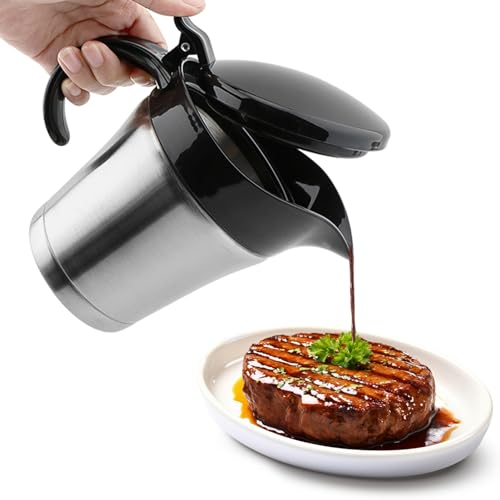 Double Insulated Stainless Steel Sauce Jug with Hinged Lid, 500ML Gravy Boat Sauce Jar for Serving Jars of Gravy or Cream (Size:500ML)