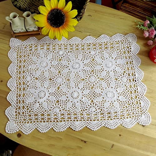 HEBEOT Vintage Handgehäkelte Spitzendeckchen Tischdecke Klein Retro Quadratisch Handgefertigt Reine Baumwolle Kleine Tischdecke Für Esstisch Zu Hause, Café-Ladenmöbel 40 X 60 cm Weiß
