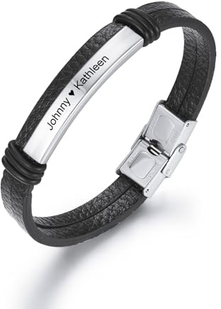 MeMeDIY Personalisierte Lederarmband Individuelle Gravur Name Datum ID für Männer Damen Jungen Mädchen Bester Freund Edelstahl Einstellbare Geflochtene Cuff Liebe Jahrestag Schmuck Geschenk