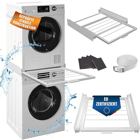 MEISTERWERK - Zwischenbaurahmen mit ausziehbarer Schublade - (EU ZERTIFIZIERT) Verbindungsrahmen für Waschmaschine & Trockner - Zwischenbausatz mit Handtuchhalter