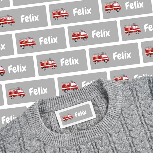 Namensaufkleber für Klamotten & Textilien (125 Sticker) – Aufkleber mit Name und Feuerwehr für Shirts oder Hosen – Ideal für Schule und Kindergarten – Wasserfest, Spülmaschinenfest, 30 x 13 mm