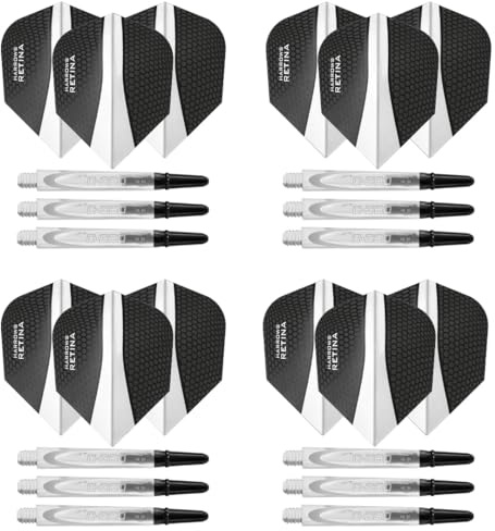 Harrows Lot de 4 fléchettes en carbone 360 et ailettes Retina, 12 tiges, 12 ailerons pour fléchettes en total, moyennes et courtes, noires et transparentes (moyen clair/blanc)