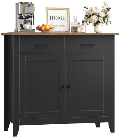 HOCSOK Sideboard, Kitchen Storage Cabinet with 2 Drawers and 2 Doors, Freestanding Cupboard for Kitchen, Living Room, Dining Room, Hallway, 91x40x82cm (Black)