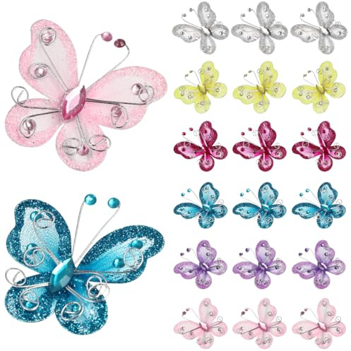 SEWACC Organza-Schmetterlinge Mit Strass 36 Stück Schmetterlingsdekore Zum Basteln Für Hochzeit Party Raumdeko Und Outfit-Dekoration Leicht Zum Kleben Oder Aufhängen