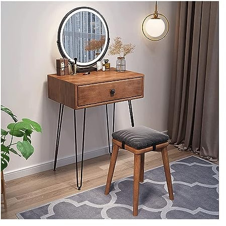 ZONABSQQ Schminktisch Schminktisch aus massivem Holz, Schminkset mit Make-up-Hocker, Touch-Light-Spiegel, Schminktisch, stabile Kommode mit 1 Schublade für Schlafzimmer Multifunktion