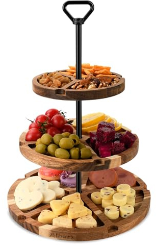 Elegant Charcuterie Boards Three Tiered Acacia Cheese Board and Cupcake Stand with 360° Easy-to-Spin Trays, Perfect for Gatherings, Housewarming Gifts, Celebrations, and Daily Usage.