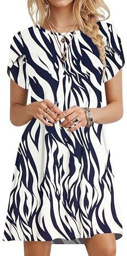 PLOKNRD Summer Dresses for Women UK Elegant Petal Short Sleeve T-Shirt Dress Crew Neck Casual Loose Swing Holiday Beach Dress with Pockets(Leaf Navy White,XL)