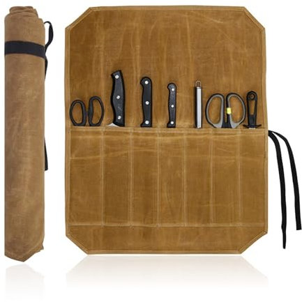 YMTWSRY Borsa portacoltelli da cuoco, rotolo di coltelli con 7 scomparti per attrezzi, borsa multifunzionale, porta coltelli portatile, per coltelli, cucchiai, coltelli da cucina, marrone, 52*45cm,