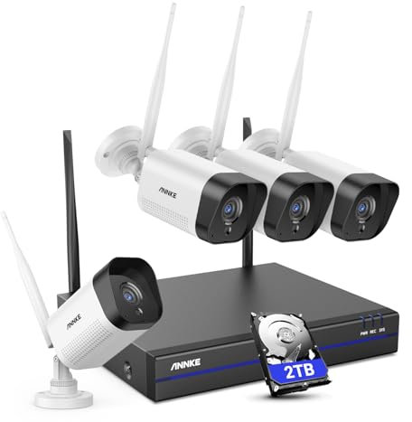 ANNKE WLAN Überwachungskamera Set Aussen Kabellos, 5MP Full HD Überwachungssystem, 10CH 5MP NVR mit 4X Überwachungskameras, Personenerkennung, 2-Wege-Audio, Arbeit mit Alexa, IP67, 2TB Festplatte
