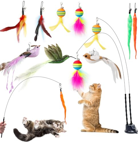AiQInu 12 Piezas Juguetes para Gatos, Interactivo Juguete Gato con Ventosa, 2 Caña de Pescar para Gatos, Pluma Oruga Gato Juguete, Cat Toys Varita Mágica