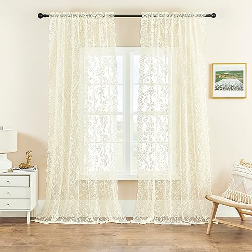 FOLKSIDE Spetsgardiner, 2 elfenbensfärgade paneler, viktorianska, paisley, genomskinliga gardiner för vardagsrum, sovrum, stångficka, ljusfiltrering, vintage, franska, avskildhet, 132 x 203 cm