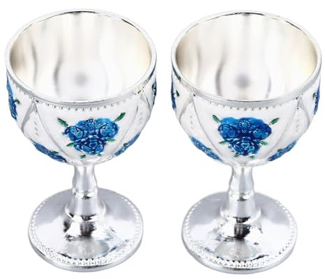Fdit Ensemble de Tasse de Vin en Relief en Métal Vintage de 2 Calices à Vin Gravées avec Artisanat Complexe pour Décoration de Mariage du Bar à la Maison (Fleur bleu argenté)