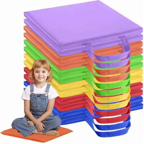 SMELEYOU Cojines de Piso para el Aula 12 Piezas de 12 Pulgadas Impermeables con Asiento Flexible con Mango de 6 Colores Cajos de Piso de Asiento Rectangular para niños Preescolar