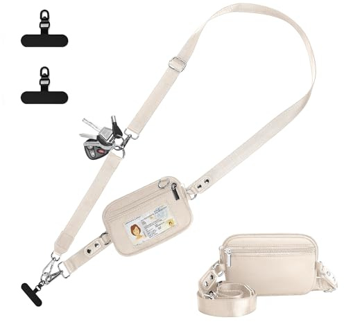 RDGDFONG Clip and Go Strap for Phone with Wallet Crossbody, Phone Lanyard Detachable - Adjustable Crossbody Neck Strap with ID Window, Universal Clip for Phone/Keys/Cards (Beige)