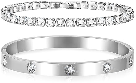 LACHT 2 Stück Armband Damen Gold-17 Cm Kristallen Tennis Armband 6Mm Breit Cubic Zirkonia Armreif Für Frauen, Wasserfester Tennisarmband Mit Edelstahl Armbänder Set Geschenke Für Damen