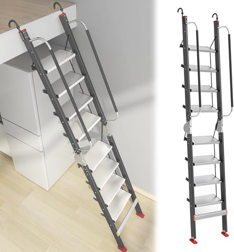 SRNSAEB Aluminum Bunk Bed Ladder 8-14 Steps Folding, Heavy Duty Emergency Second Story Exit Ladder with Anti-Slip Wide Pedals & Hand Rails, Compact Roof Safety Ladder Load 150kg(Black,8 Step-8.4')
