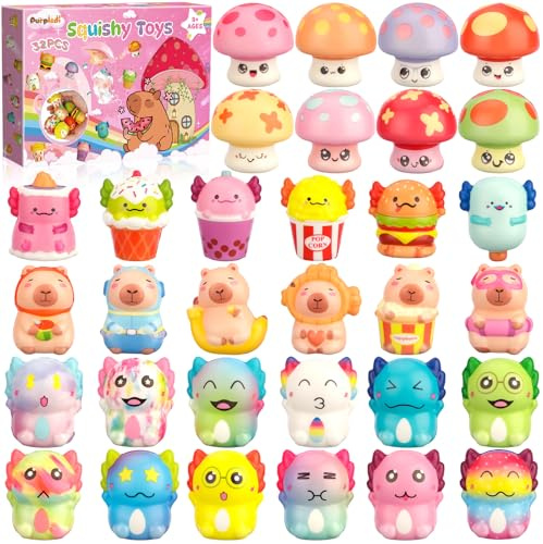 Purpledi 32 Animales Squishy Toys, Squeeze Toys Squishy Juguetes, Regalos Cumpleaños Niños Colegio, Juguetes Antiestrés, Detalles y Regalitos para Invitados, Navidad, Regalo para Aliviar el Estrés