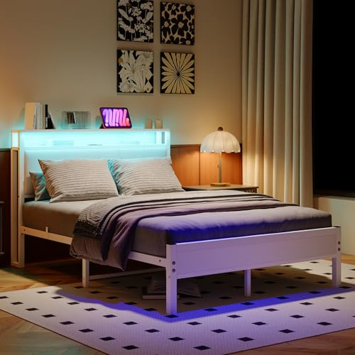 FOUBAM Bett 120x200 cm，Bettrahmen mit Ladestation, Robustes Metallbett mit Holz Stauraum-Kopfteil aus Stoff,Gästebett Doppelbett/Einzelbett Bettrahmen Gästezimmer,Metall mit Lattenrost, weiß