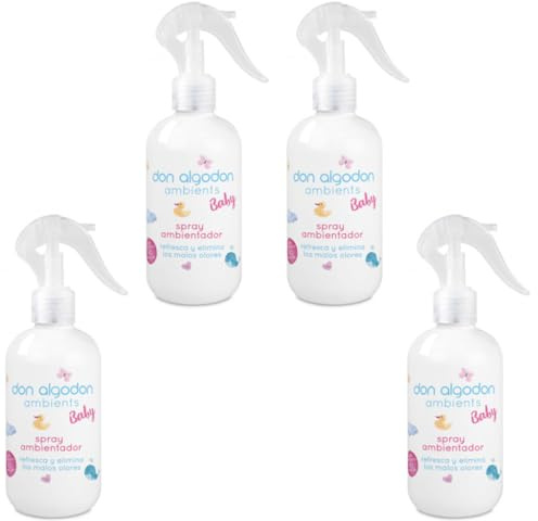 Don Algodón Ambientador Baby Spray 250ml – Pack de 4 | Fragancia Suave y Fresca para Bebés y Hogar | Elimina Malos Olores | Spray Perfumado Habitaciones Infantiles y Textiles