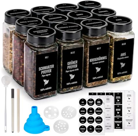 Boic Gewürzgläser Eckig Set, 12er 120ml Gewürzdosen Mit Edelstahl Deckel | Gewürz Organizer Gewürzbehälter Mit Trichter, Leeren Aufklebern,Reinigungsbürste, Sieben Für Gewürzorganizer,Schrank(Schwarz)