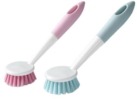 2pcs Long Handle Dish Brush Kitchen Sink Scrubber Plastic | Moderate Hardness Bristles, Lightweight Build, Pan Scrubbing and Dishwashing Use Random Color