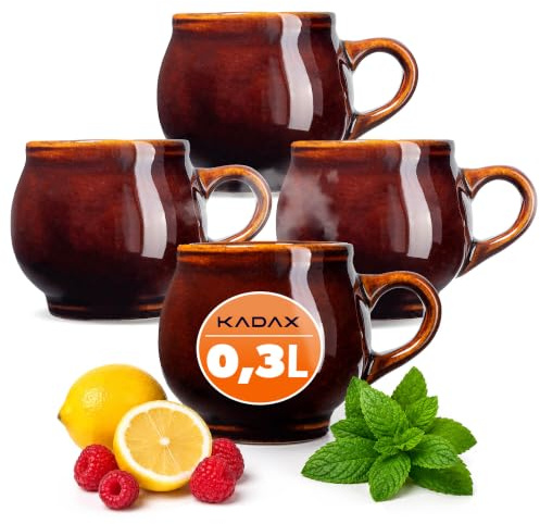 KADAX Set di 4 bicchieri di argilla, 300 ml, in ceramica con manico, per vin brulé, met e tè, in ceramica, fatti a mano, tazza di Natale, tazza di vin brulé in argilla