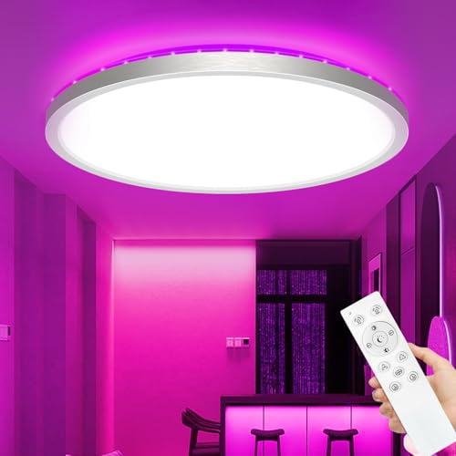 zemty LED Deckenleuchte Dimmbar, RGB Farbwechsel Deckenlampe mit Fernbedienung, 24W 3200LM 30CM Nickelfarbe Badezimmer lampe Decke Wasserfest für Bad Schlafzimmer Kinderzimmer Jugendzimmer