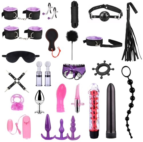 Kit de Bondage BDSM 26 Piezas Qoosea para Parejas, Esposas Ajustables para Tobillos y Muñecas Collar con Set de Plug Anal, Bola de Bozal y Juguetes Vibratorios para Juego Sensual Adulto