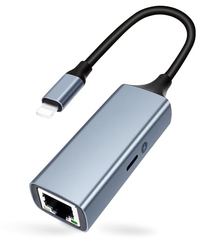 [Certificado MFi] Adaptador Lightning a Ethernet con puerto de carga, adaptador de red LAN Ethernet 2 en 1 de 100 Mbps a RJ45, compatible con i-Phone 14/13/12/11/i-Pad/i-Pod, Plug and Play