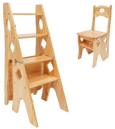 Sgabello pieghevole con scala, scala 2 in 1 in legno massiccio (pino), 4 gradini e 100 kg, per cucina, soggiorno e giardino, pieghevole e salvaspazio (colore legno)