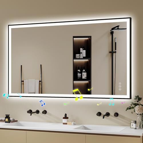 Badspiegel-mit-Beleuchtung 120x70cm - LED Badezimmerspiegel mit Bluetooth - Badezimmer Spiegel mit Beleuchtung, Beschlagfrei, Dimmbar, 3 Lichtfarben, Wandspiegel Led-Spiegel-Bad Schwarz Metallrahmen