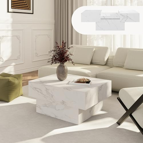 [en.casa] Mesa de Centro Lens Mesa Baja Rectangular con Tablero Extensible y 2 Compartimentos Internos Mueble Auxiliar Mesita para Salón MDF 80 x 60 x 36 cm - Efecto Mármol Blanco