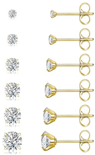 6 Pairs Gold Stud Earrings for Women Men, Silver Hypoallergenic Surgical Steel Earrings Cubic Zirconia Stack Earrings Set Small Cartilage Tragus Sleeper Earrings for Multiple Piercings Jewellery Gifts